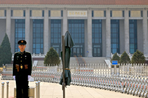 PLA guard and security barriers outside Mao's Mausoleum.